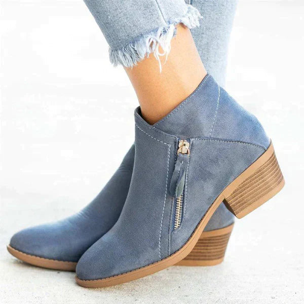 Bottines à Talon Femme - Bottillons Cheville Daim Suède avec Zip Latéral