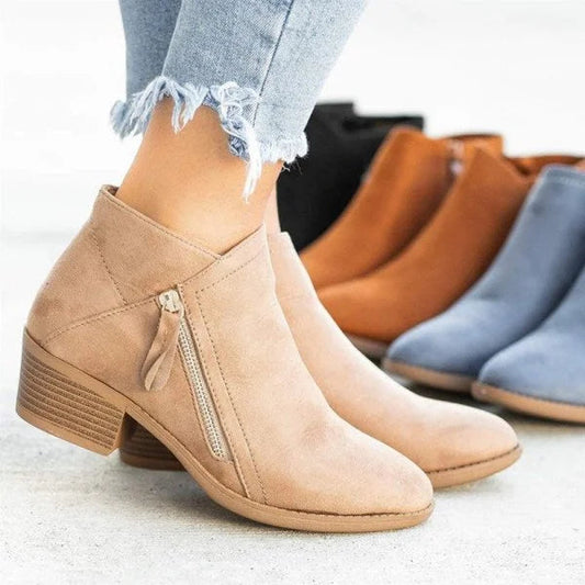 Bottines à Talon Femme - Bottillons Cheville Daim Suède avec Zip Latéral