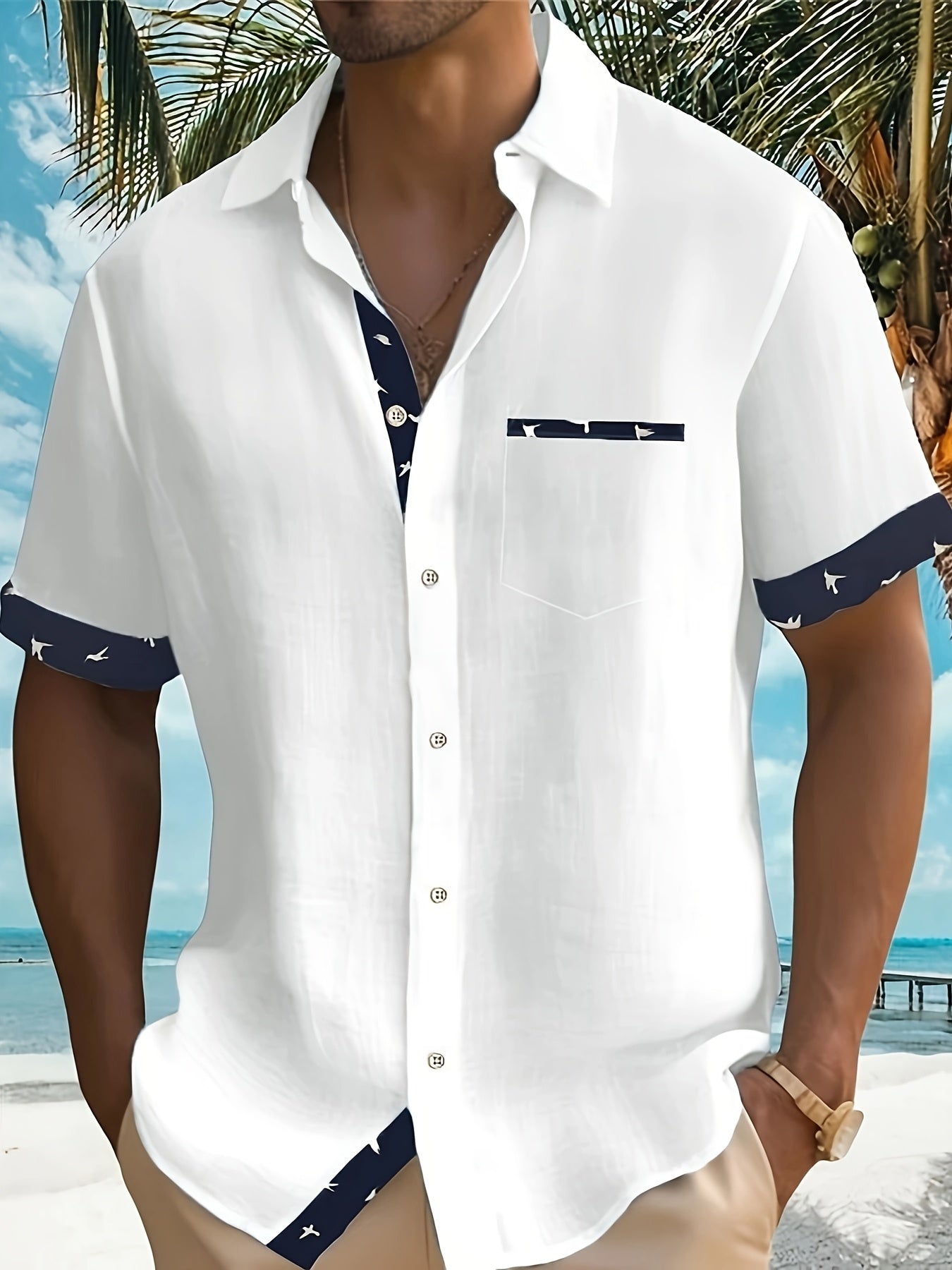 Chemise pour homme à manches courtes avec col à revers et poche poitrine