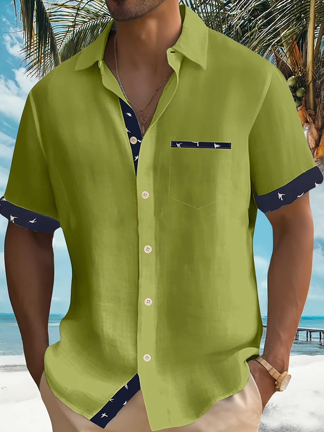 Chemise pour homme à manches courtes avec col à revers et poche poitrine