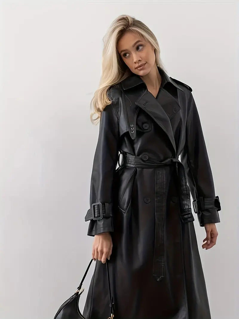 Manteau trench en cuir avec ceinture pour femmes