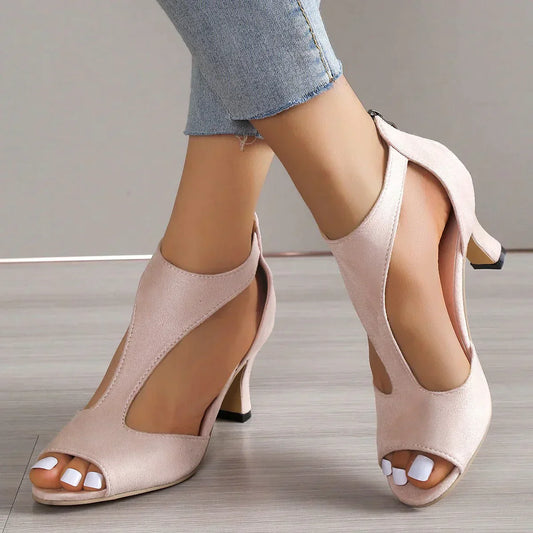 Talons Hauts Confortables en Cuir Beige Poudré pour Femmes
