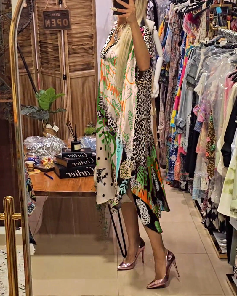 Robe mi-longue ample à encolure en V décorative et motif intégral varié