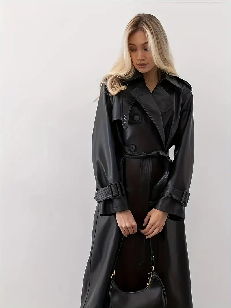 Manteau trench en cuir avec ceinture pour femmes