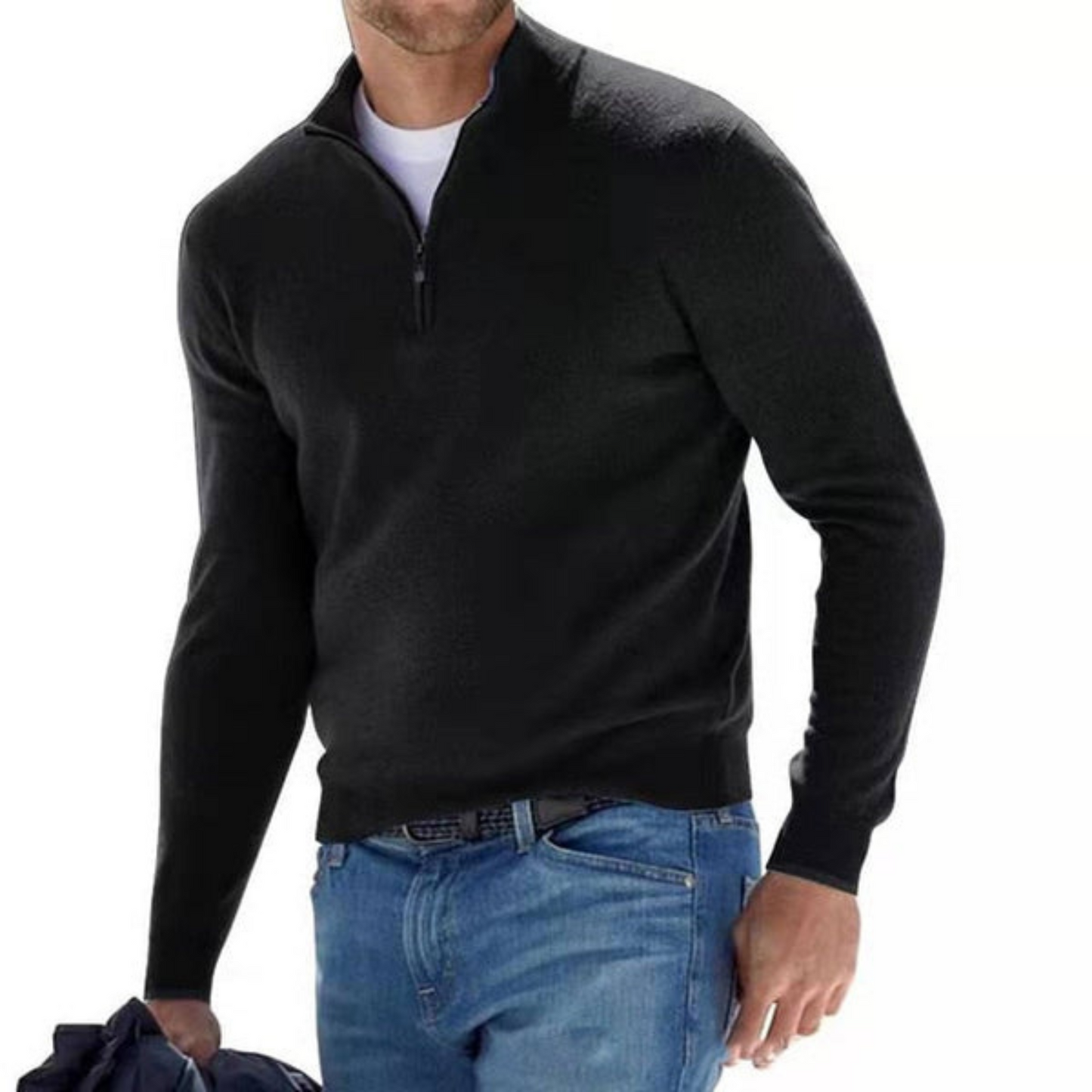 Pull à col montant avec fermeture éclair courte et bords-côtes