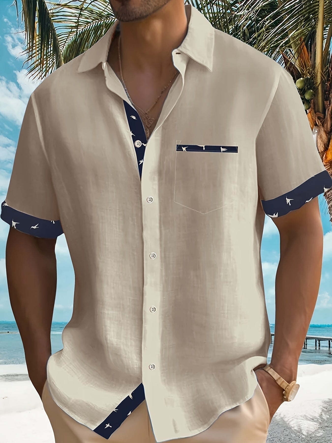 Chemise pour homme à manches courtes avec col à revers et poche poitrine
