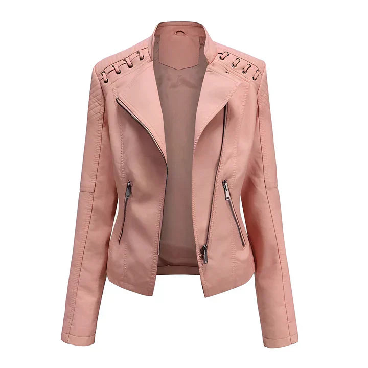 Veste en cuir PU avec fermeture éclair pour femmes