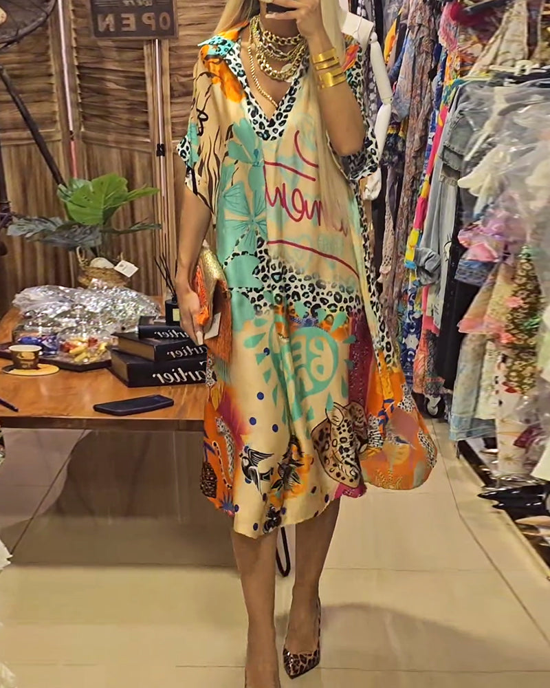 Robe mi-longue ample à encolure en V décorative et motif intégral varié
