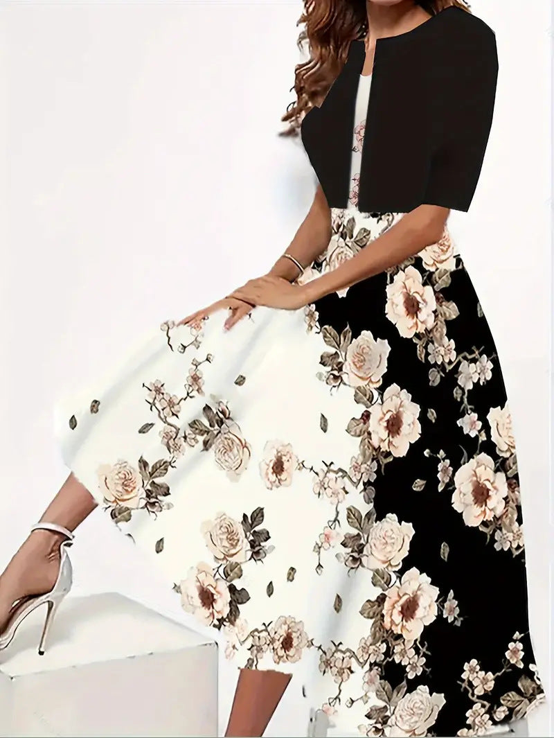 Robe mi-longue à manches courtes avec jupe à motifs floraux