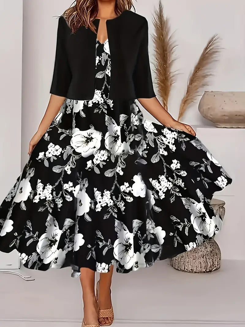 Robe mi-longue à manches courtes avec jupe à motifs floraux