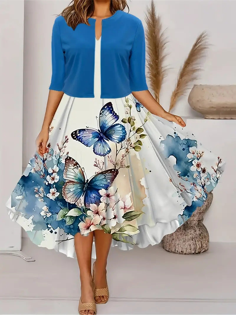 Robe mi-longue à manches courtes avec jupe à motifs floraux