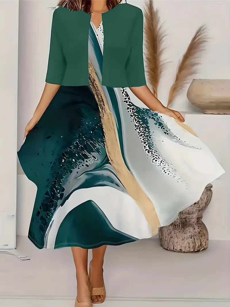 Robe mi-longue à manches courtes avec jupe à motifs floraux