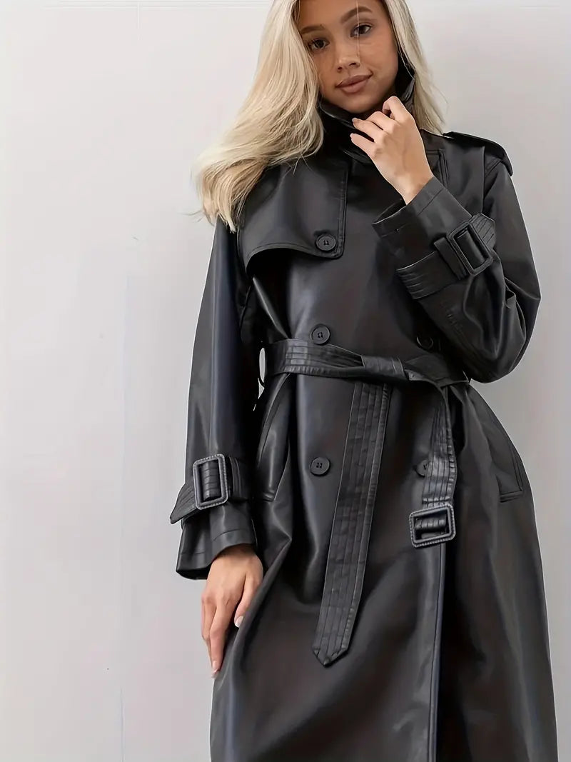 Manteau trench en cuir avec ceinture pour femmes