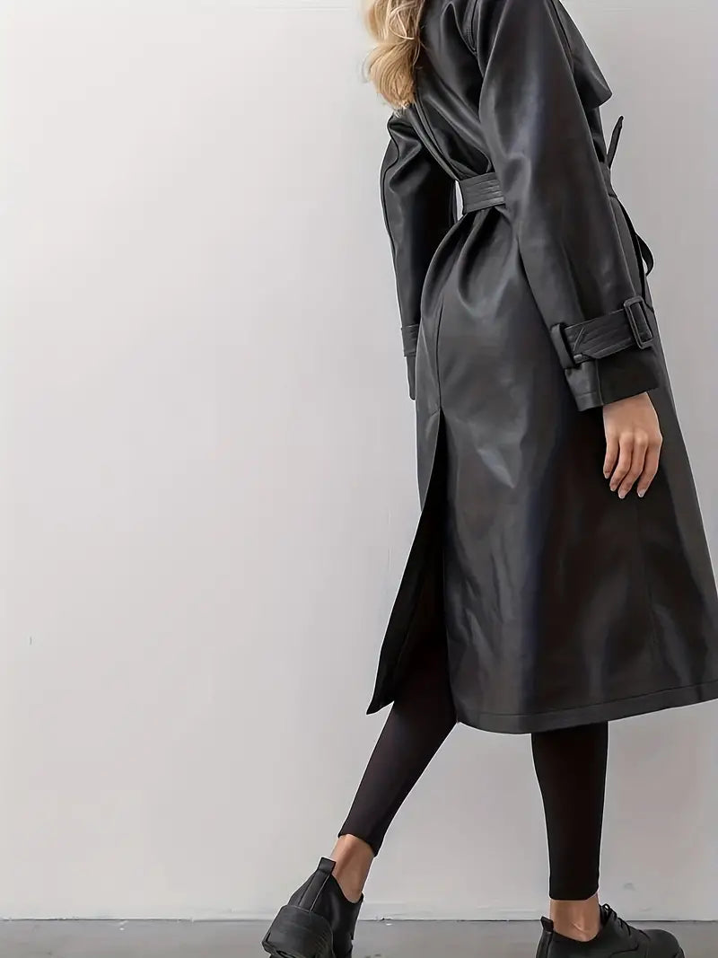 Manteau trench en cuir avec ceinture pour femmes