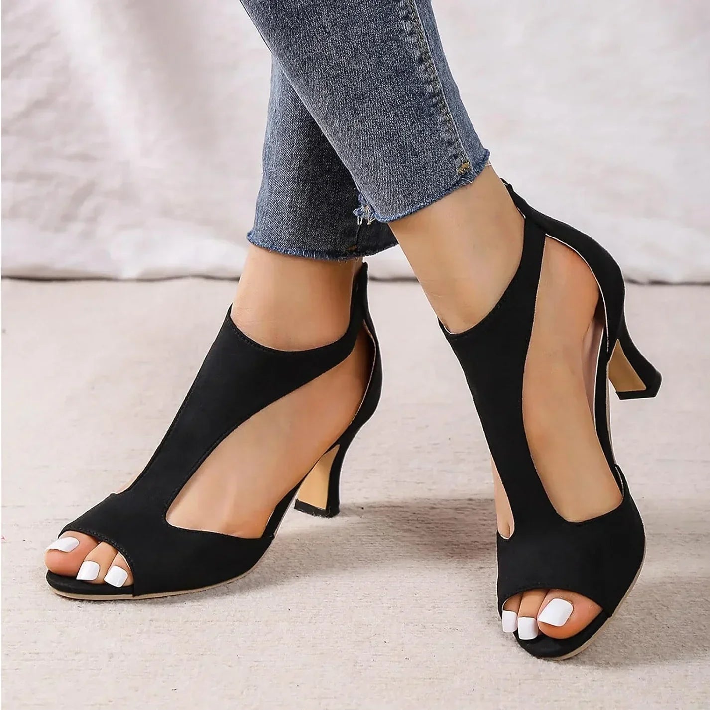 Talons Hauts Confortables en Cuir Beige Poudré pour Femmes
