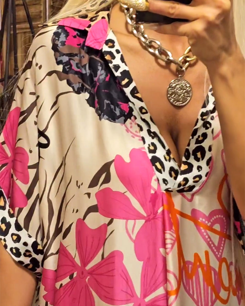 Robe mi-longue ample à encolure en V décorative et motif intégral varié