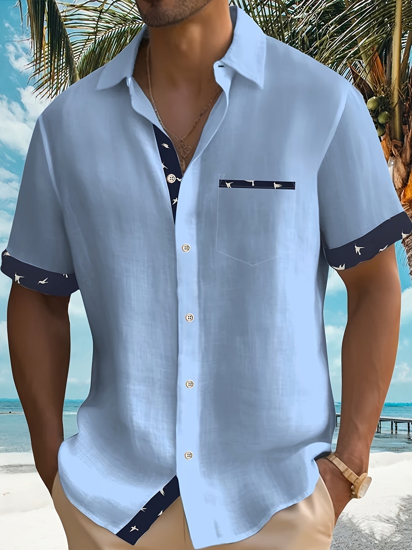 Chemise pour homme à manches courtes avec col à revers et poche poitrine