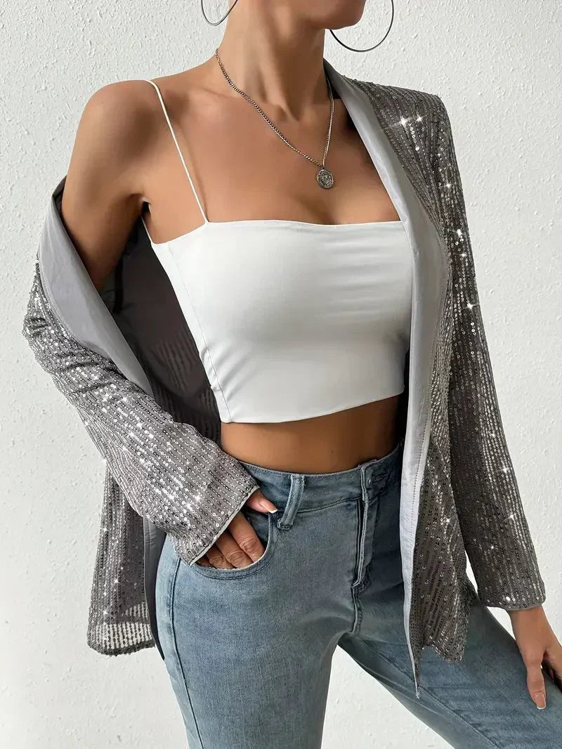 Blazer gris à sequins brillants pour femmes