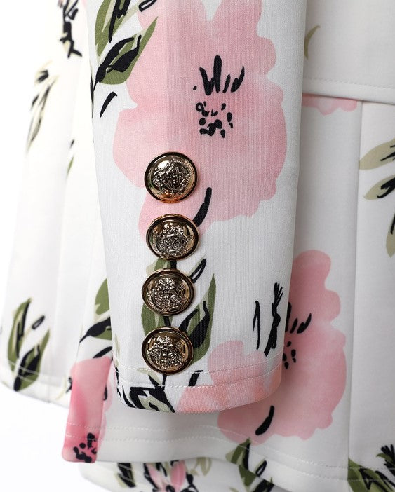 Blazer floral à double boutonnage avec manches bouffantes pour femmes