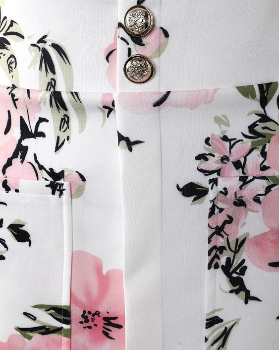 Blazer floral à double boutonnage avec manches bouffantes pour femmes