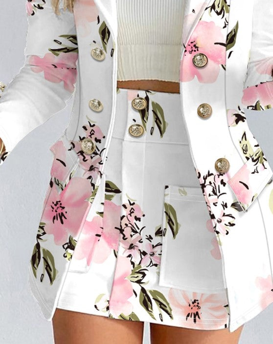 Blazer floral à double boutonnage avec manches bouffantes pour femmes