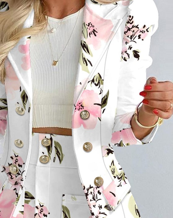 Blazer floral à double boutonnage avec manches bouffantes pour femmes