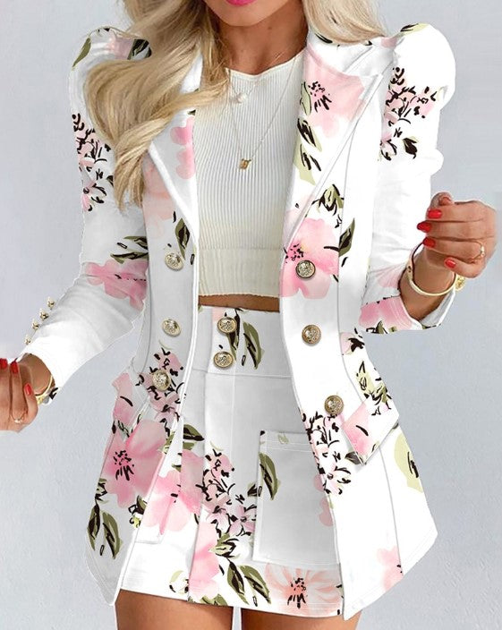 Blazer floral à double boutonnage avec manches bouffantes pour femmes