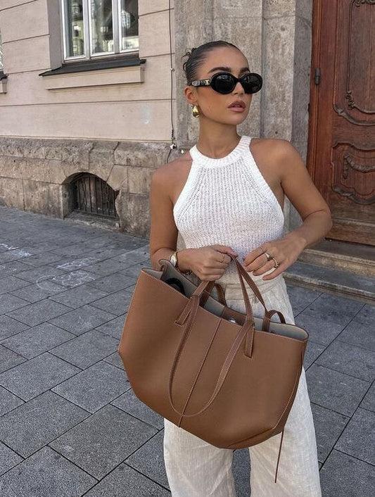 Sac Fourre-Tout Sculpté avec Côtés Plissés en Cuir pour Femmes