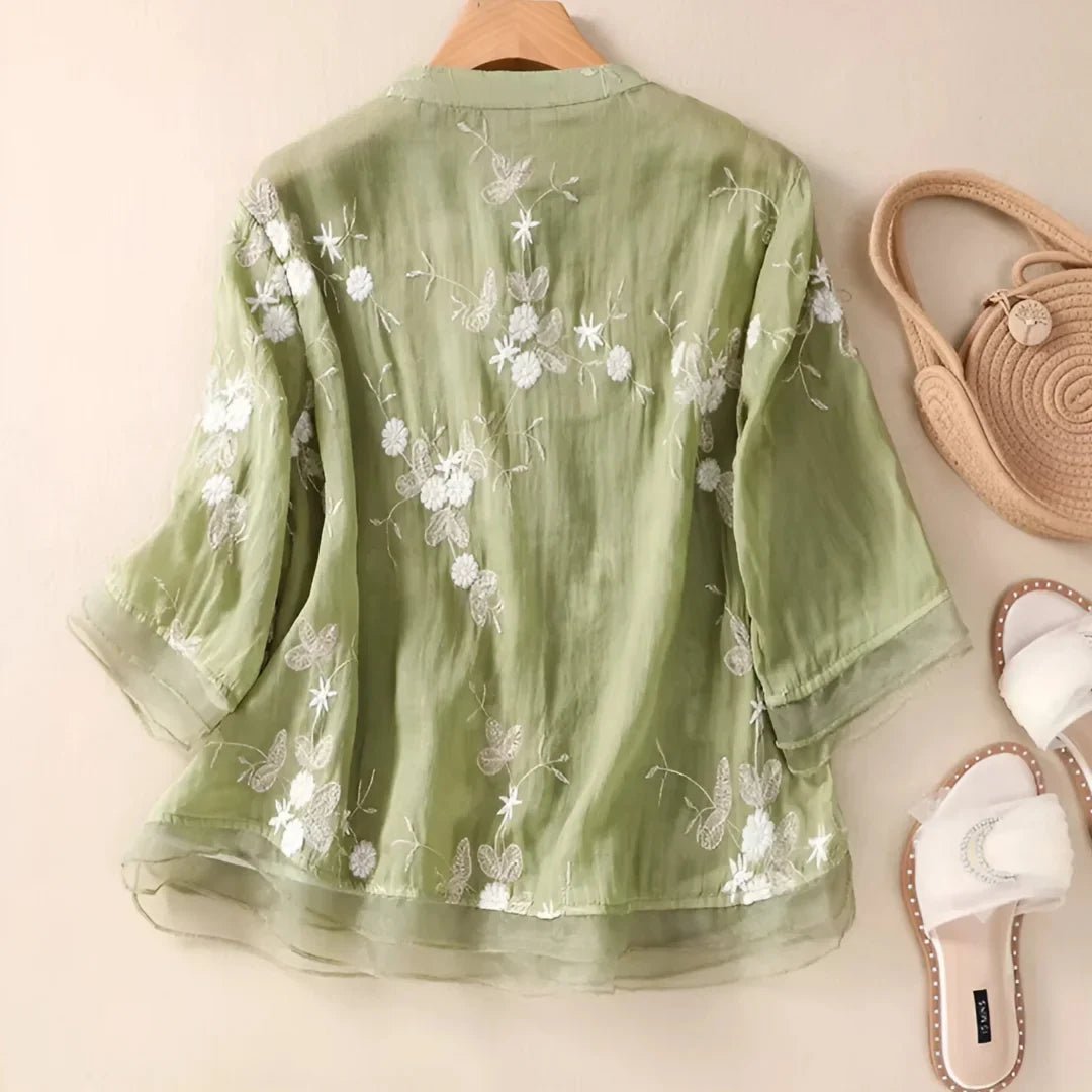 Blouse Brodée Élégante à Manches Mi - longues pour Femmes - Marie Montel