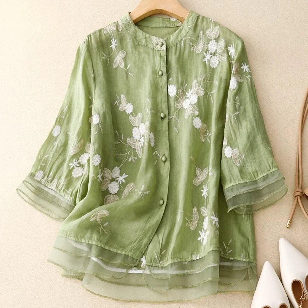 Blouse Brodée Élégante à Manches Mi - longues pour Femmes - Marie Montel