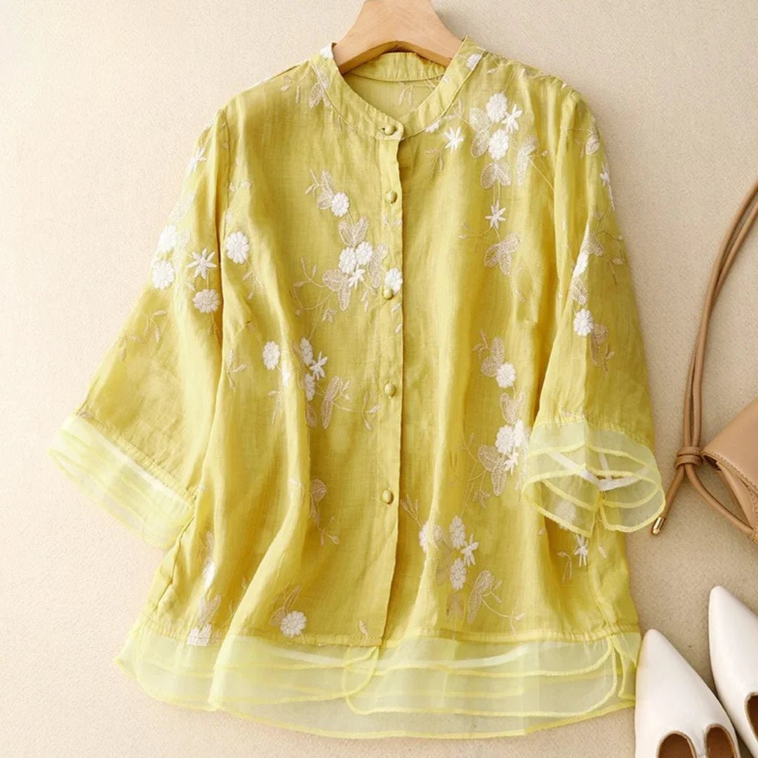 Blouse Brodée Élégante à Manches Mi - longues pour Femmes - Marie Montel