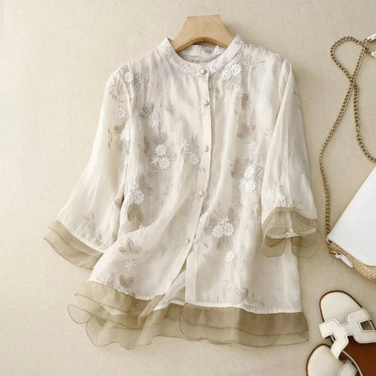 Blouse Brodée Élégante à Manches Mi - longues pour Femmes - Marie Montel