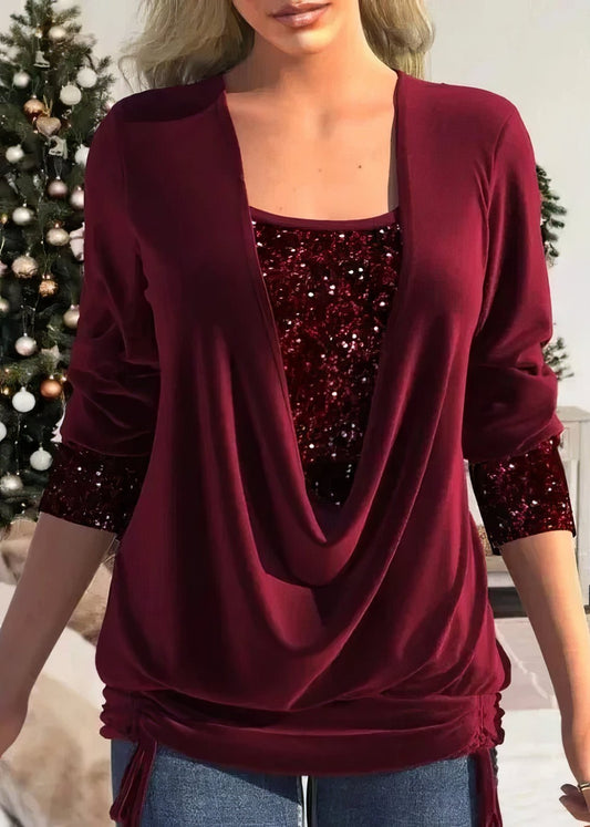 Blouse Patchwork à Manches Longues avec Sequins pour Femmes - Marie Montel