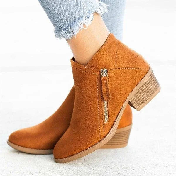 Bottines à Talon Femme - Bottillons Cheville Daim Suède avec Zip Latéral