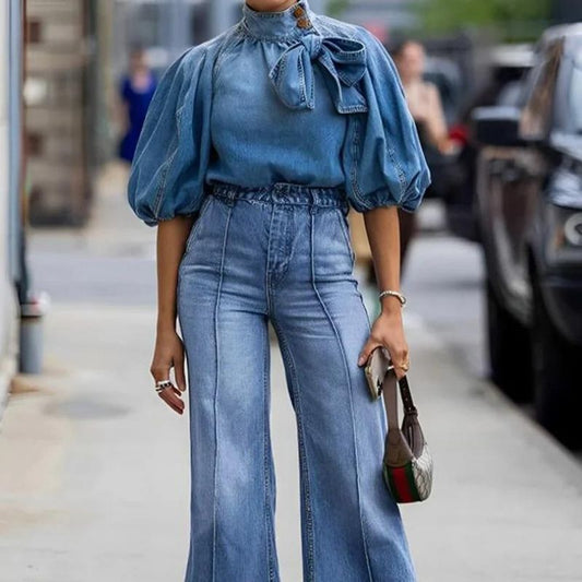 Chic Chemisier en Jean à Manches Bouffantes pour Femmes - Marie Montel