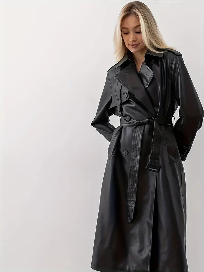 Manteau trench en cuir avec ceinture pour femmes