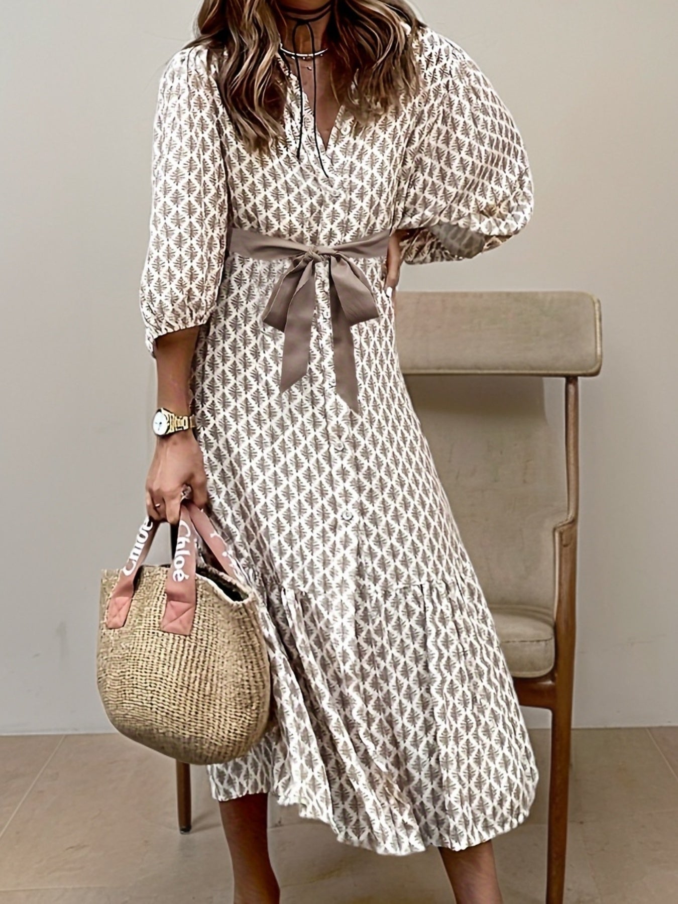 Élégante Robe Midi à Manches Longues avec Détails de Ceinture pour Femmes - Marie Montel