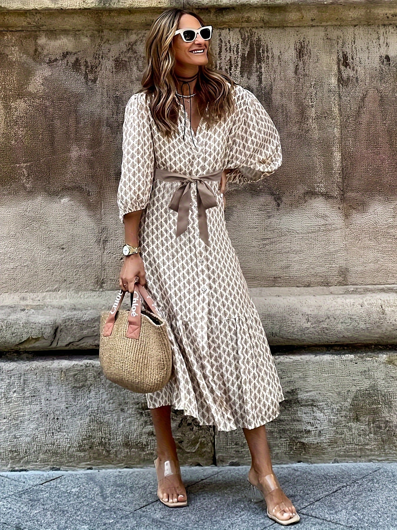 Élégante Robe Midi à Manches Longues avec Détails de Ceinture pour Femmes - Marie Montel