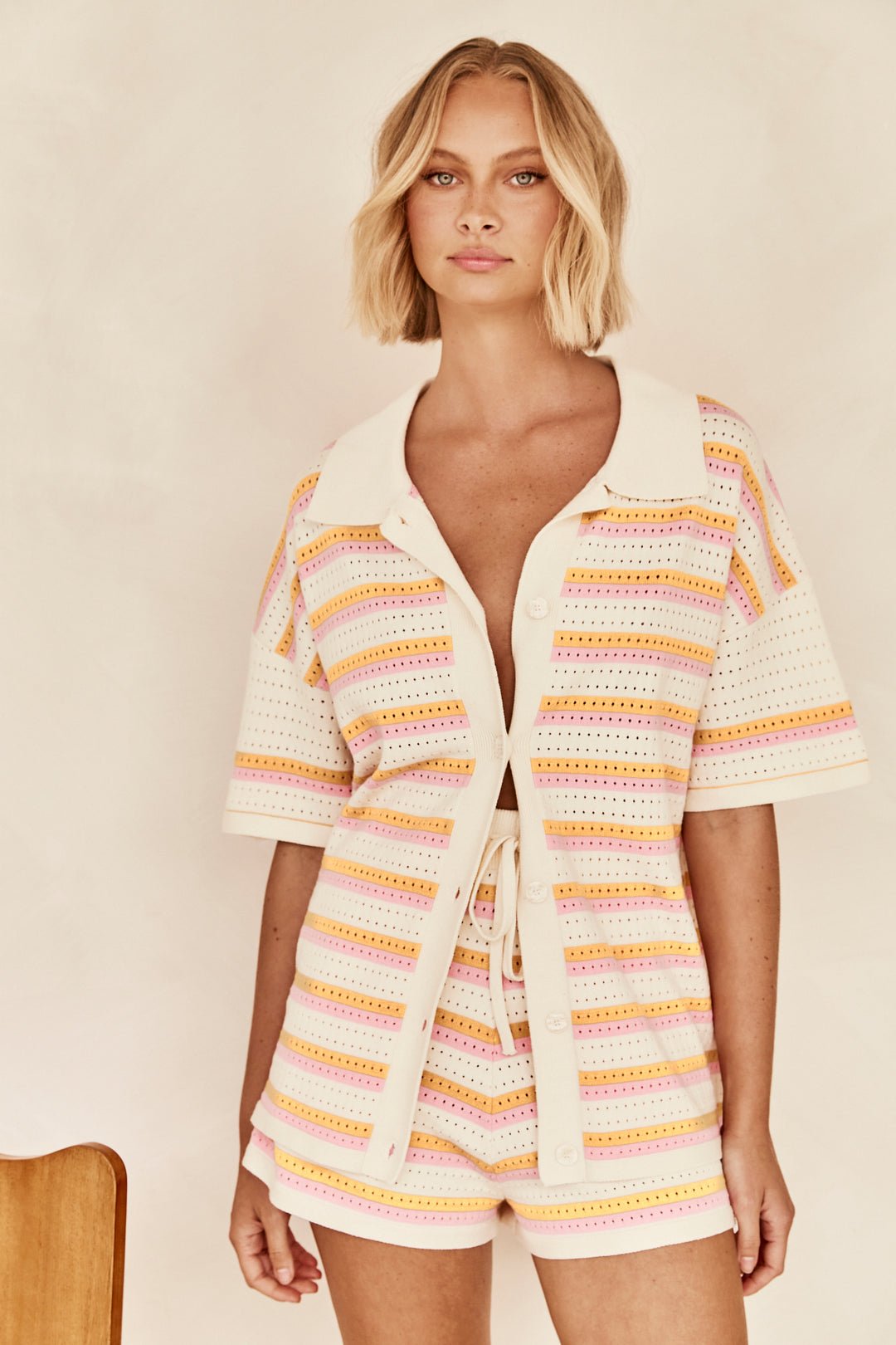 Ensemble 2 Pièces Rayé avec Haut à Boutons et Short Taille Haute - Marie Montel