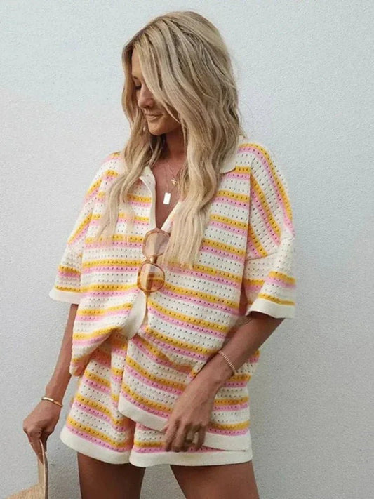 Ensemble 2 Pièces Rayé avec Haut à Boutons et Short Taille Haute - Marie Montel