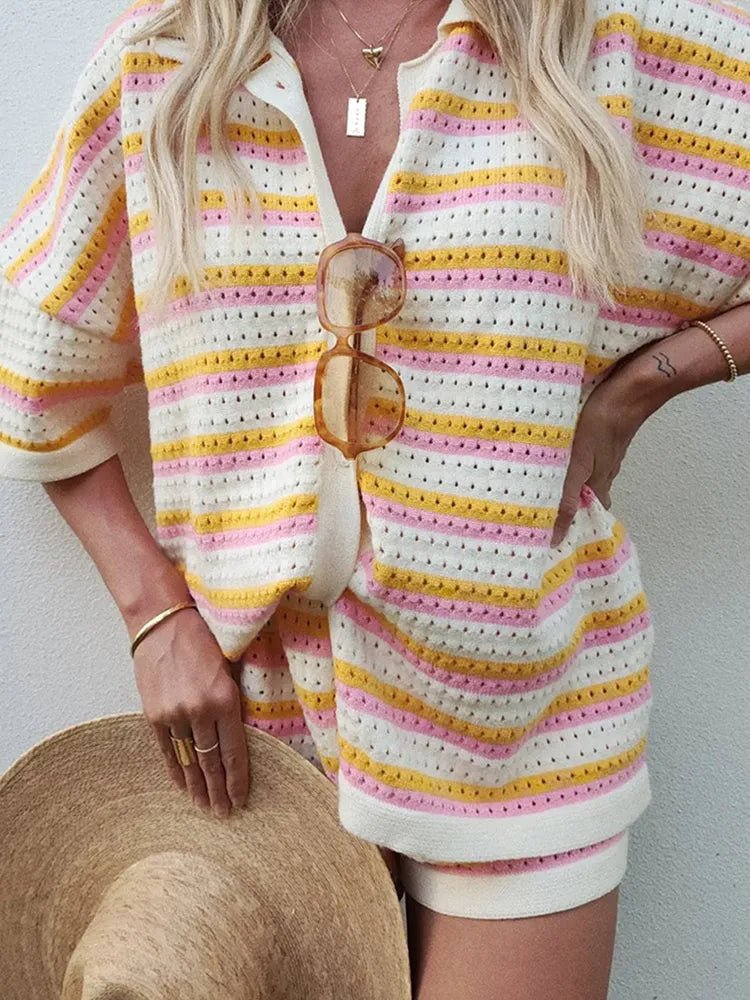 Ensemble 2 Pièces Rayé avec Haut à Boutons et Short Taille Haute - Marie Montel