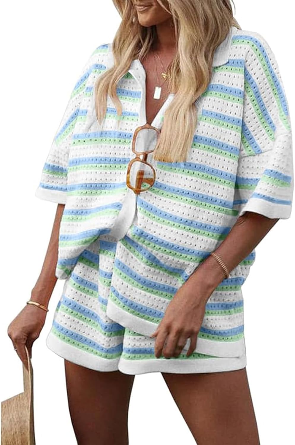 Ensemble 2 Pièces Rayé avec Haut à Boutons et Short Taille Haute - Marie Montel