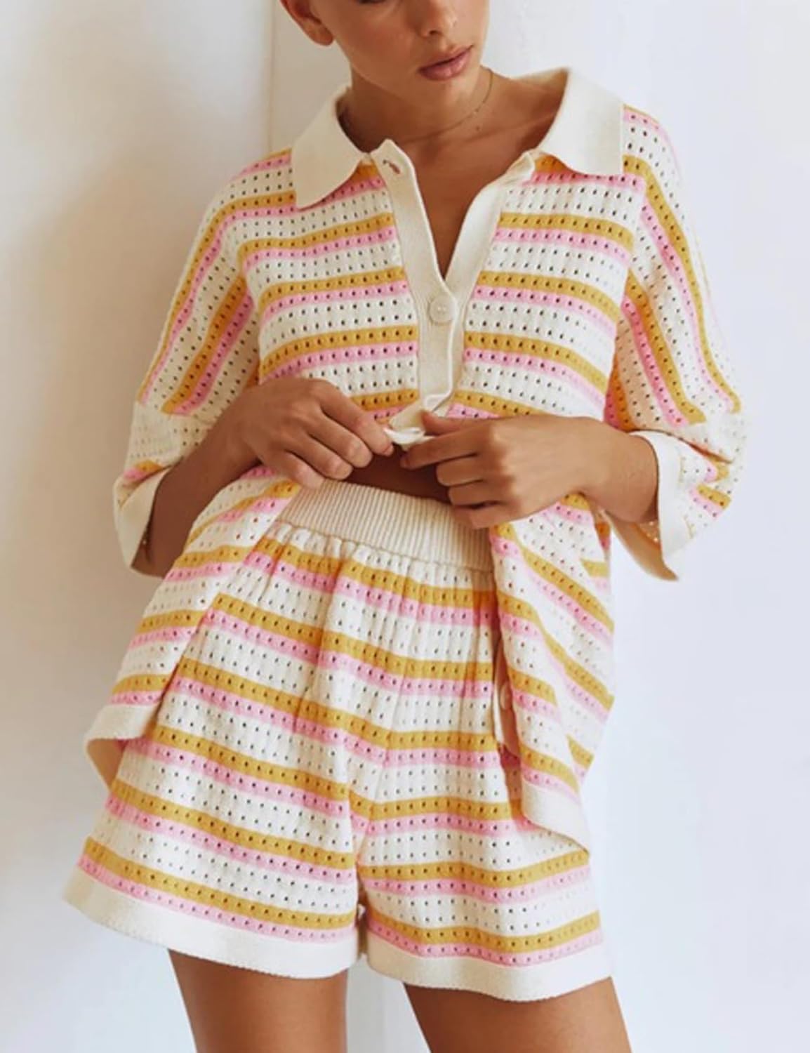Ensemble 2 Pièces Rayé avec Haut à Boutons et Short Taille Haute - Marie Montel