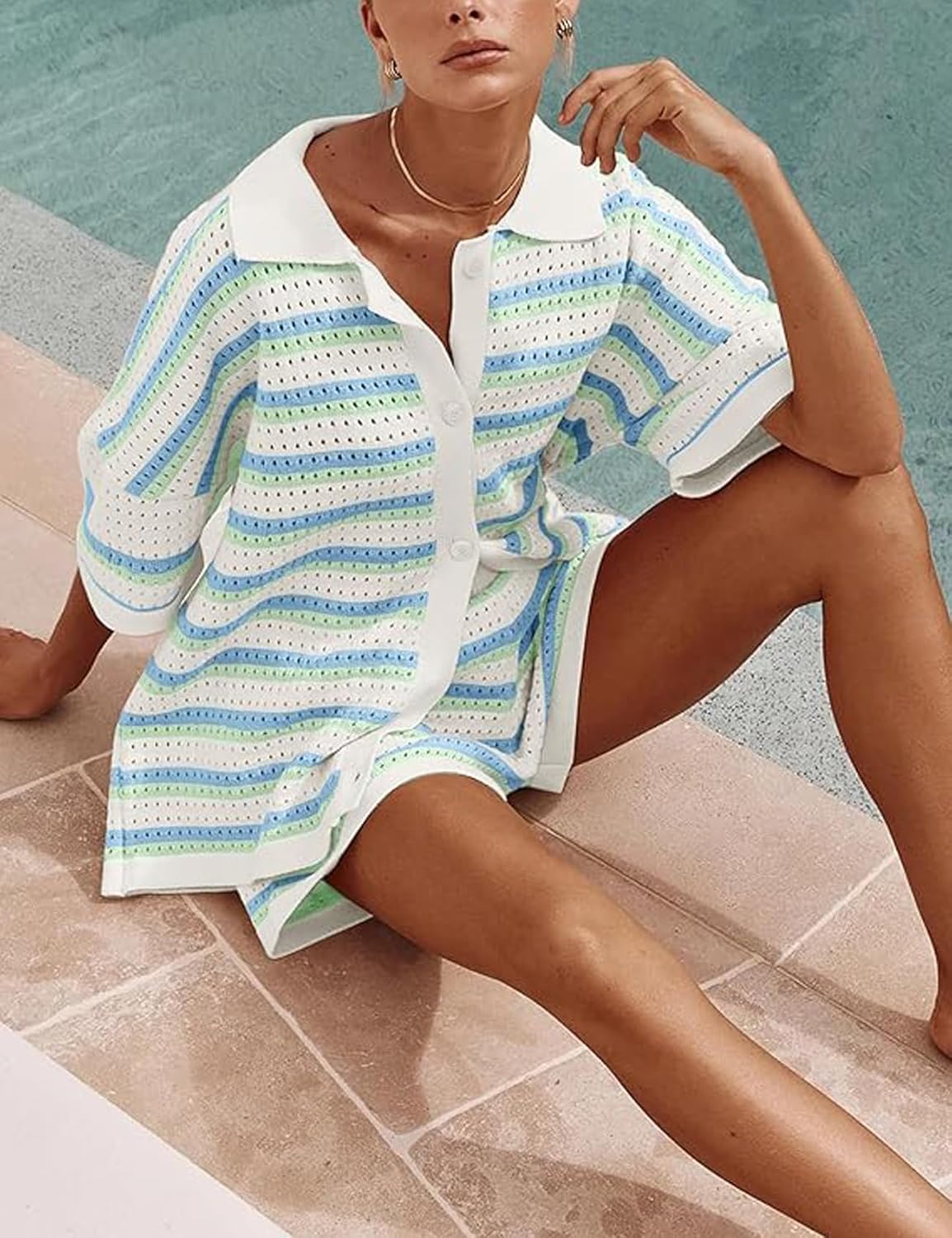 Ensemble 2 Pièces Rayé avec Haut à Boutons et Short Taille Haute - Marie Montel