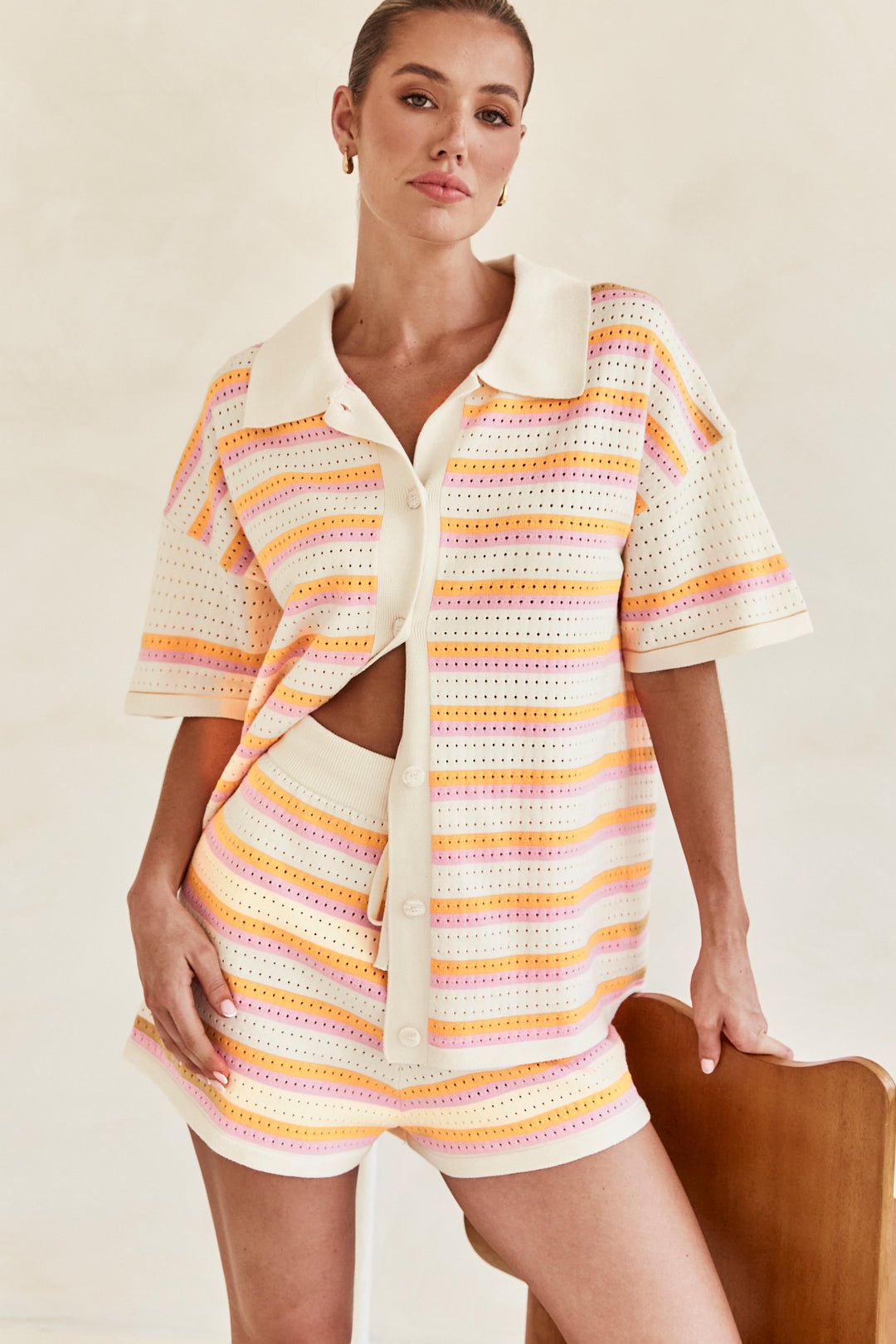 Ensemble 2 Pièces Rayé avec Haut à Boutons et Short Taille Haute - Marie Montel