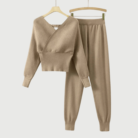 Ensemble Top Côtelé Col V et Pantalon Harem pour Femmes - Marie Montel