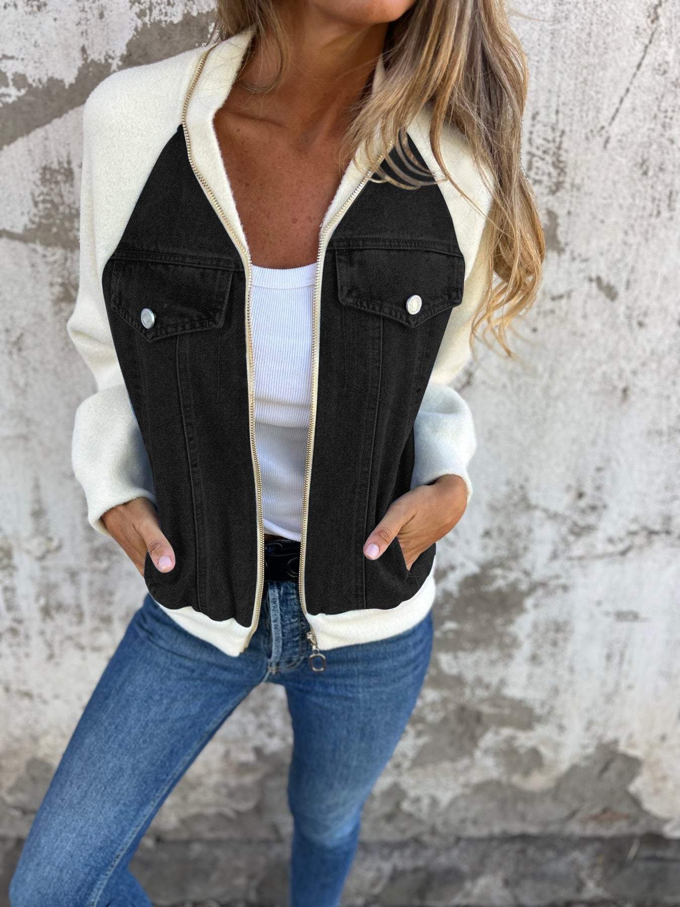 Veste Denim Chic Collar Stand pour Femmes