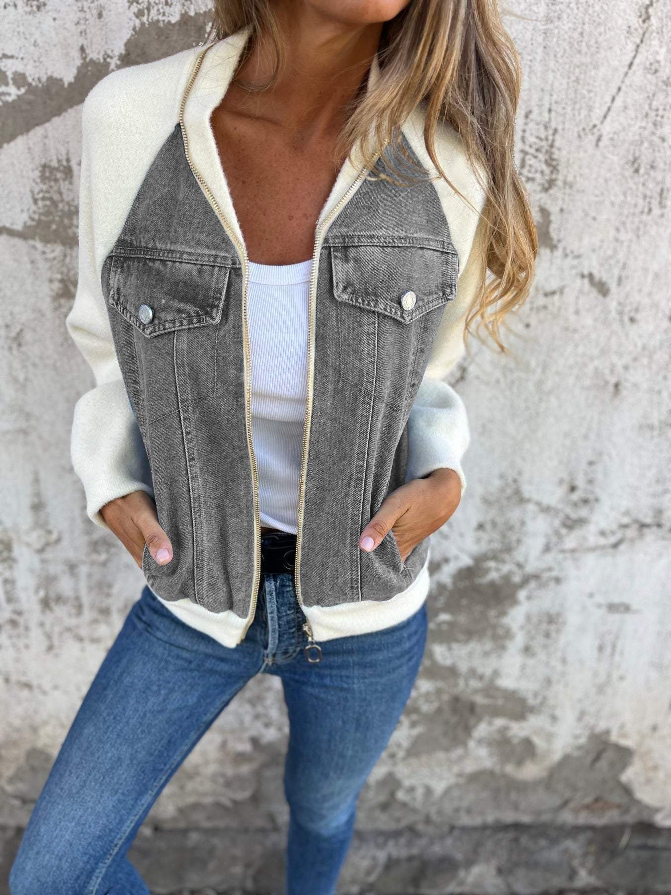Veste Denim Chic Collar Stand pour Femmes