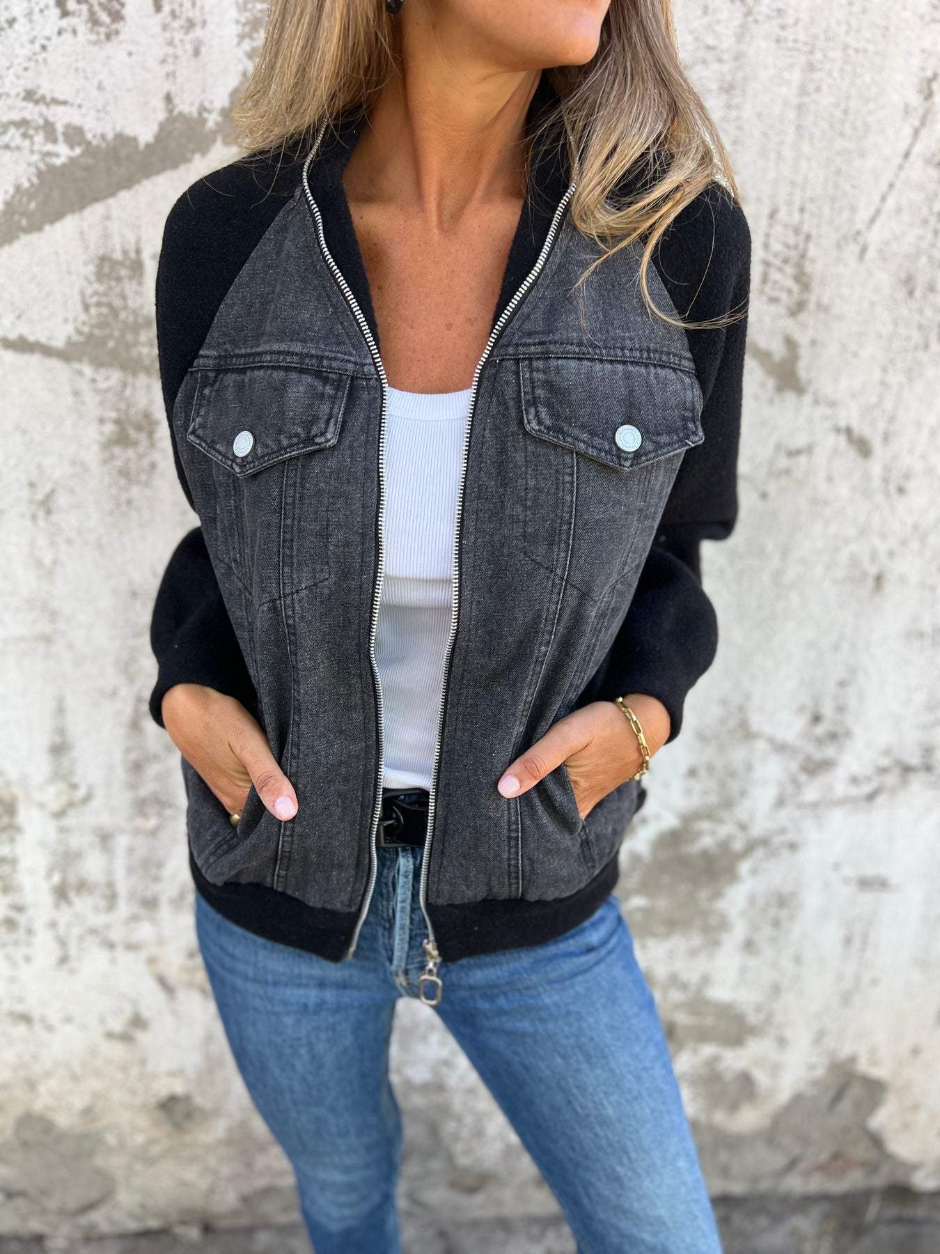 Veste Denim Chic Collar Stand pour Femmes