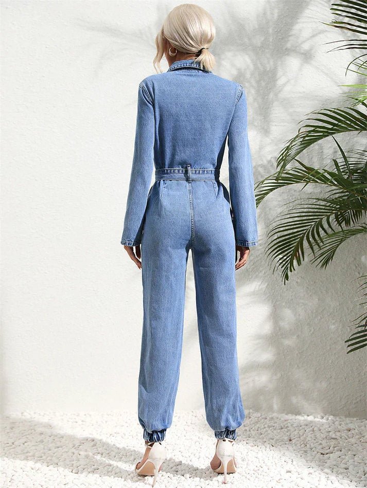 Jumpsuit Denim Élégant avec Ceinture et Manches Longues pour Femmes - Marie Montel
